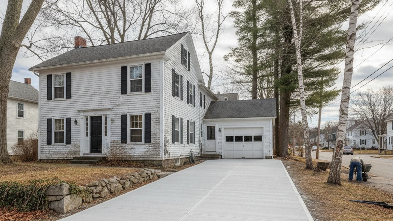 Newly replaced concrete driveway Biddeford Maine older York County mill city home freeze-thaw base prep broom finish