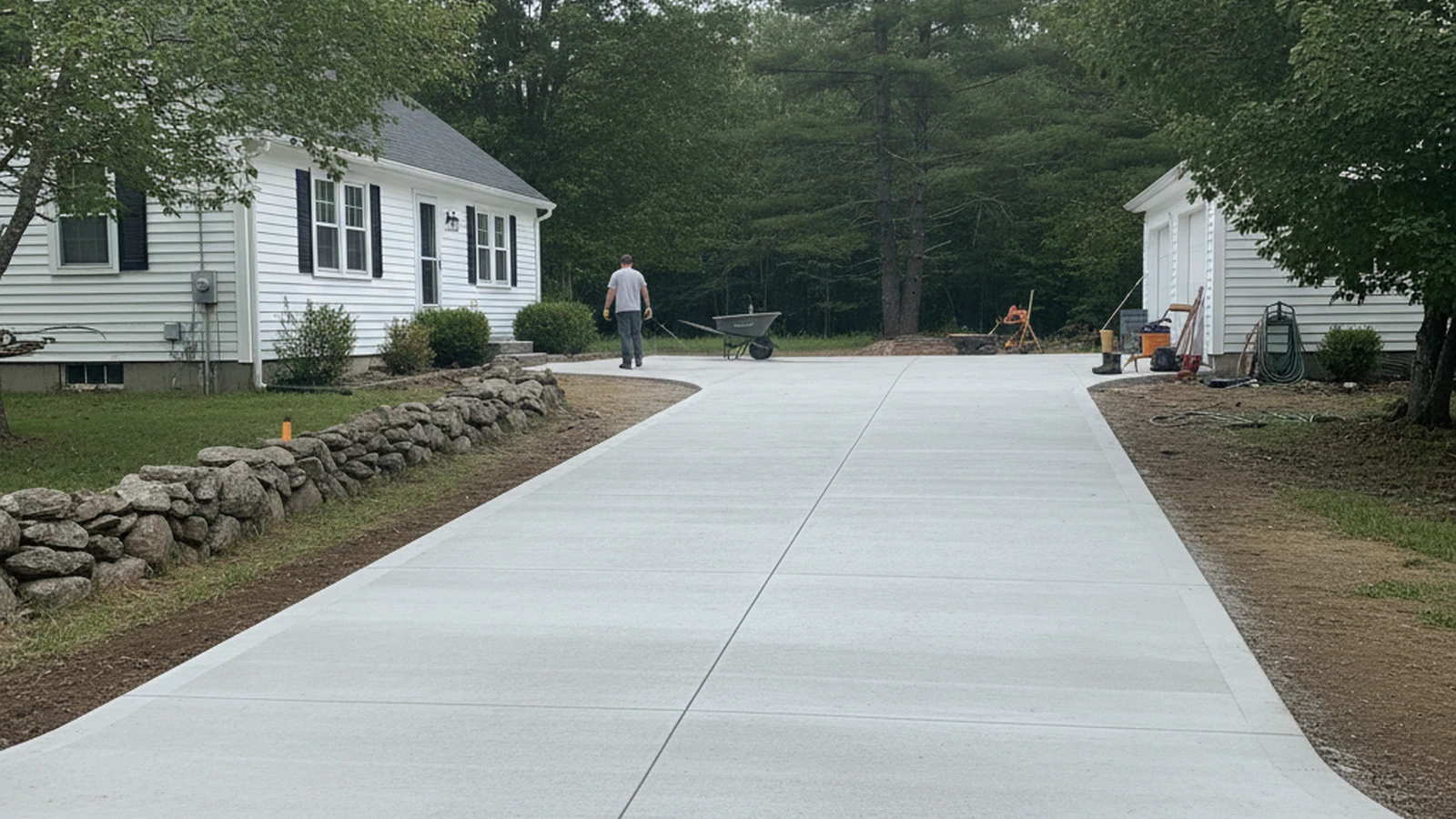 New broom finish concrete driveway Kennebunk Maine York County coastal New England colonial home freeze-thaw prep