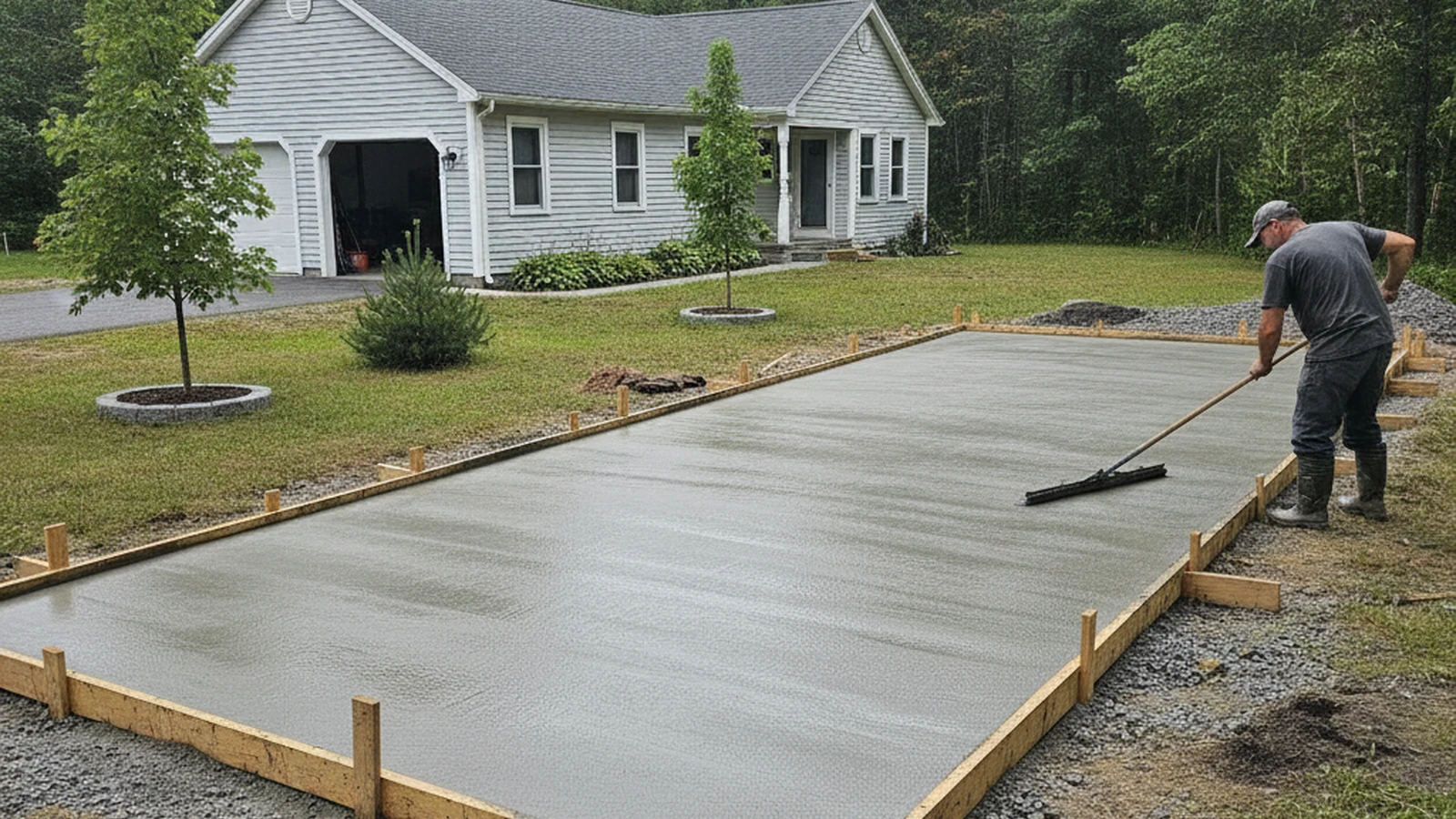 Concrete driveway replacement pour Sanford Maine York County freeze-thaw Maine winters base prep Dan broom finish