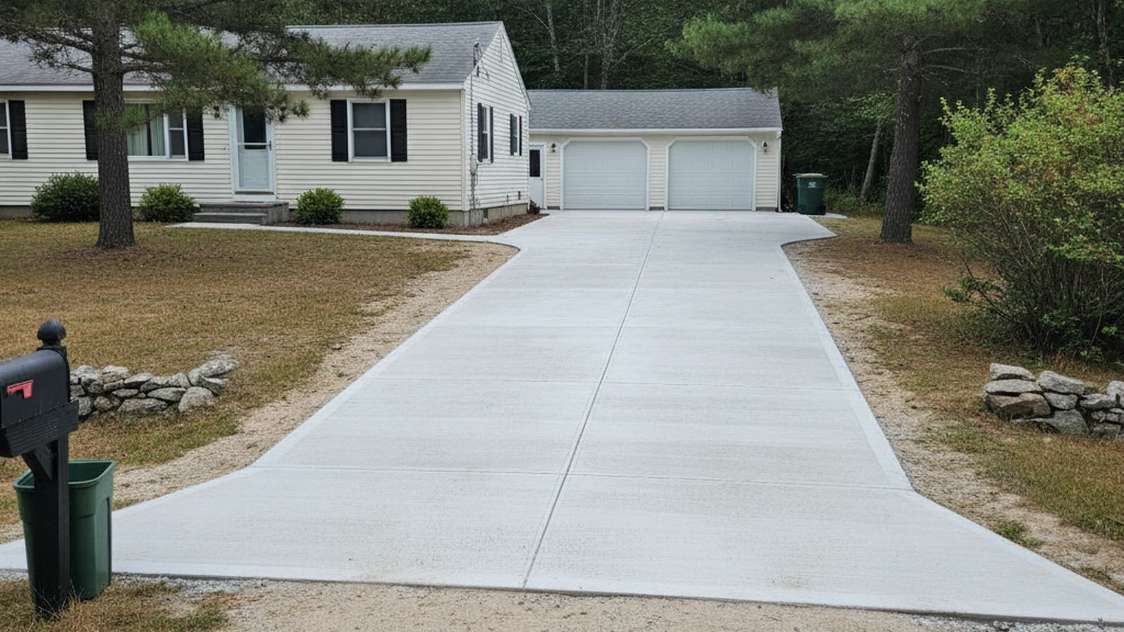 New broom finish concrete driveway Wells Maine York County coastal cottage seasonal property freeze-thaw base prep