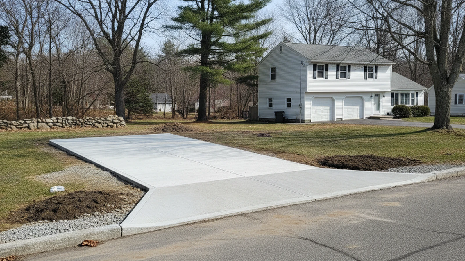 Freshly replaced concrete driveway apron Sanford Maine street transition York County freeze-thaw control joint broom finish