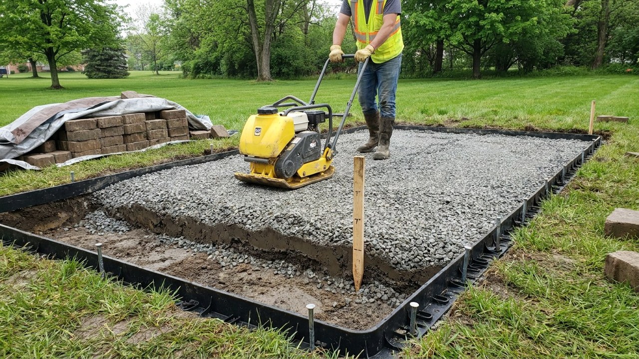 Concrete driveway base preparation Sanford Maine gravel base compacted York County