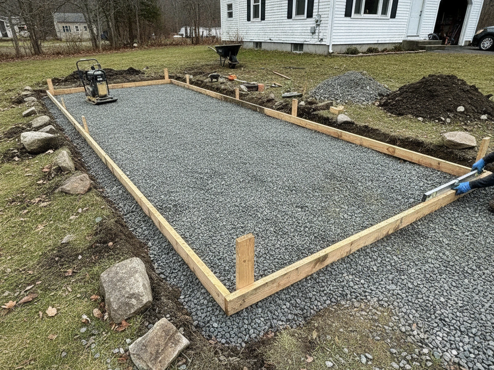 Concrete driveway base preparation Maine frost depth York County compacted gravel air-entrained Sanford residential Dan
