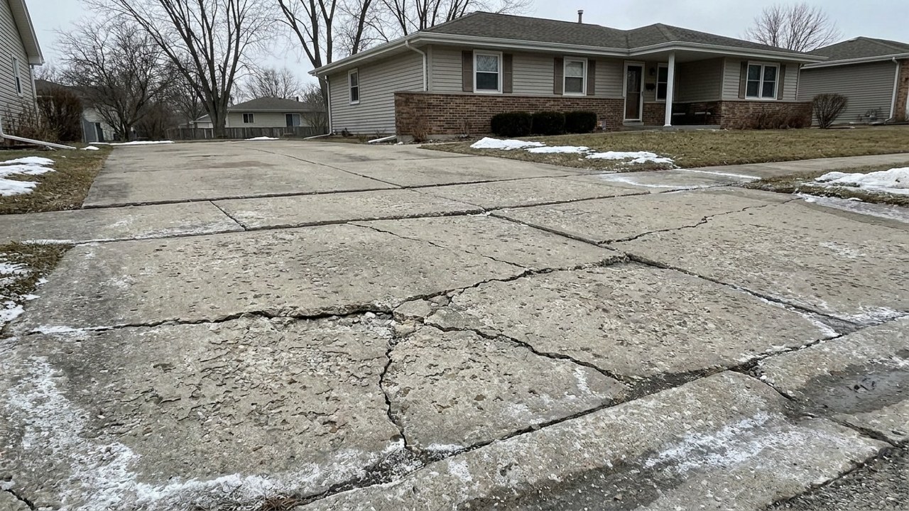 Cracked heaved concrete driveway Sanford Maine freeze-thaw frost damage York County
